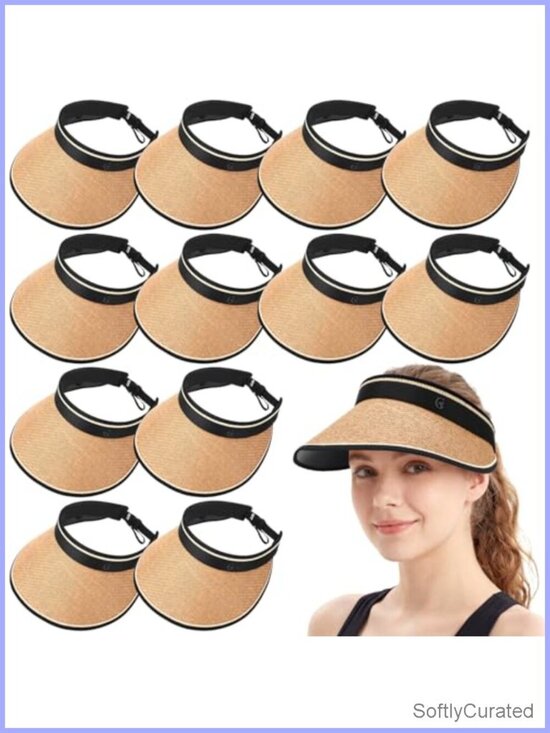 Accessories - 12 Pack Wide Brim Sun Visor Hats UPF 50+ Foldable Straw Beach Hat